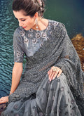 Dark Grey Embossed Embroidered Party Wear Saree