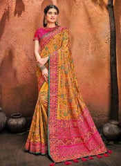 Yellow And Pink Multi Embroidered Designer Saree