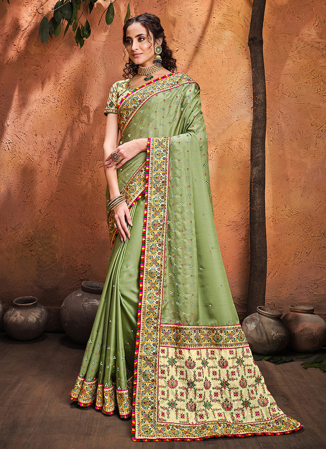 Green Multi Embroidered Designer Saree