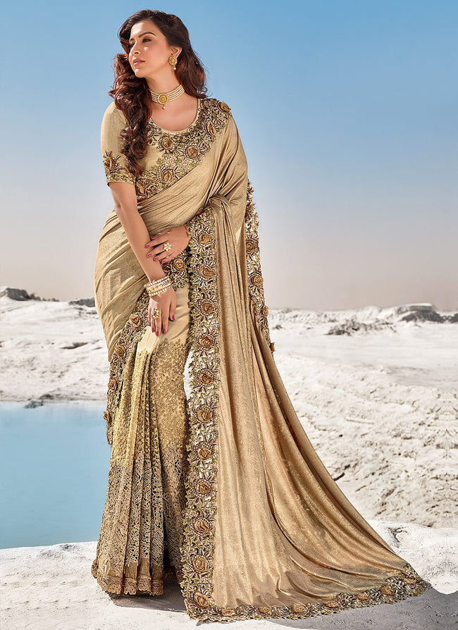 Golden Brown Floral Embroidered Indian Wedding Saree
