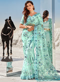 Aqua Blue Floral Embroidered Indian Wedding Saree