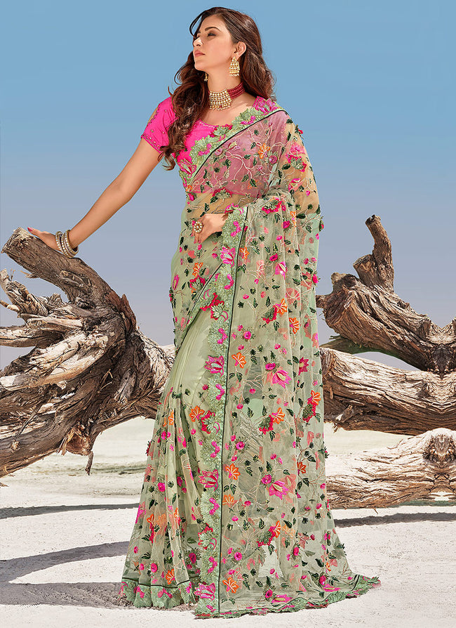 Buy Mint Green And Pink Floral Embroidered Net Saree In New Zealand online