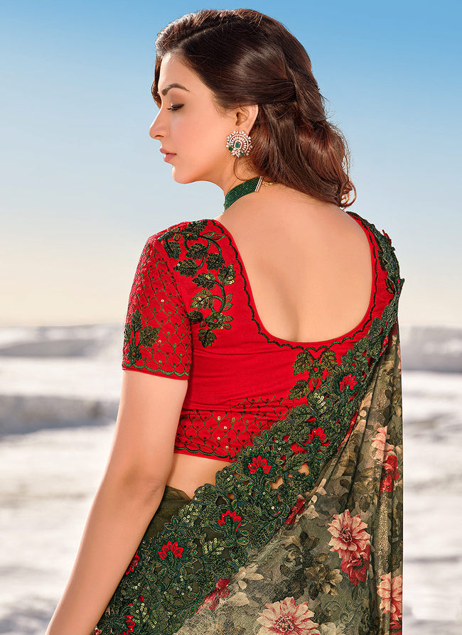 Red And Green Indian Designer Saree In uk