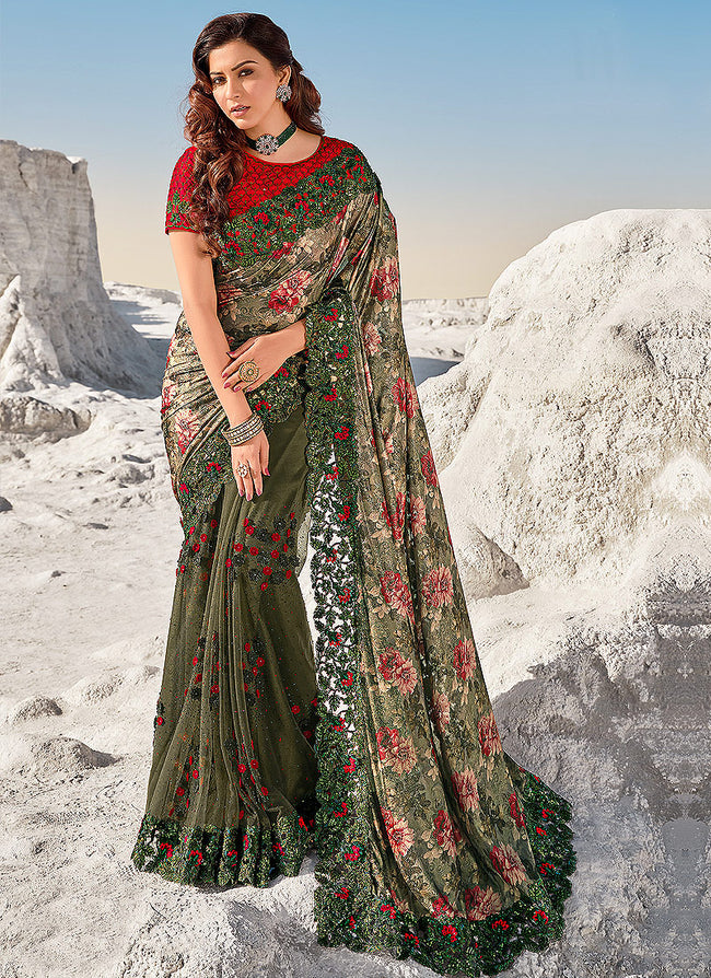 Red And Green Cutwork Embroidered Indian Designer Saree