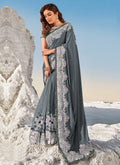 Grey Silver Embroidered Designer Indian Wedding Saree