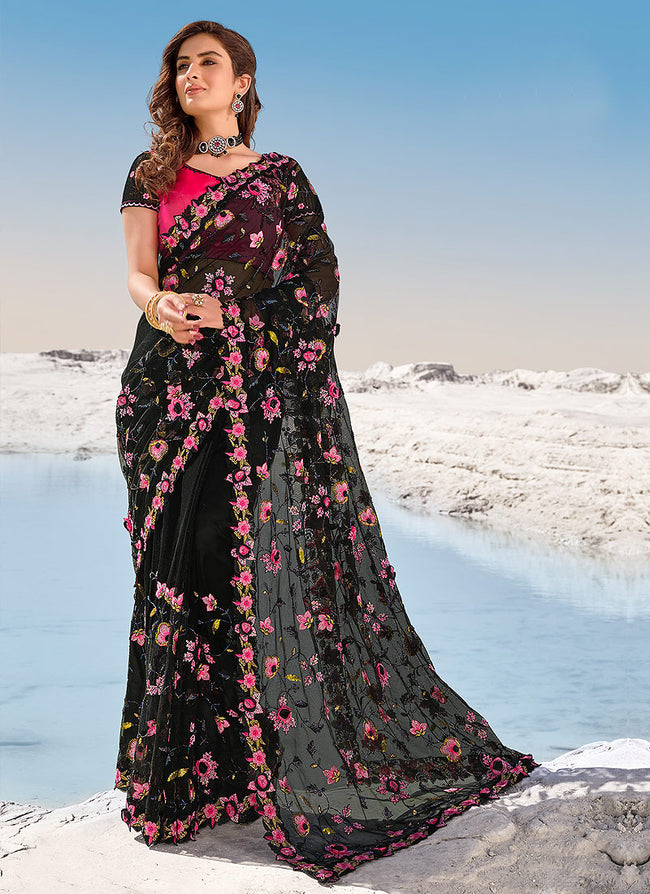 Black And Pink Motif Embroidered Wedding Saree
