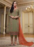 Green And Orange Embroidery Pant Suit