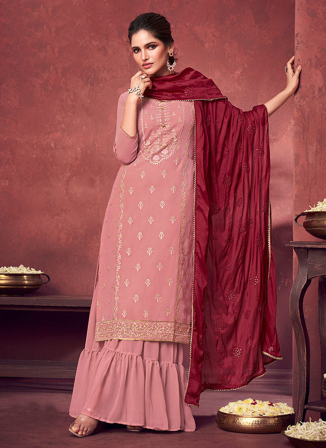 Pink And Maroon Embroidered Georgette Gharara Suit