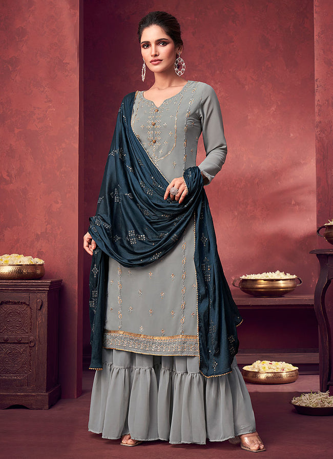 Grey And Turquoise Embroidered Georgette Gharara Suit