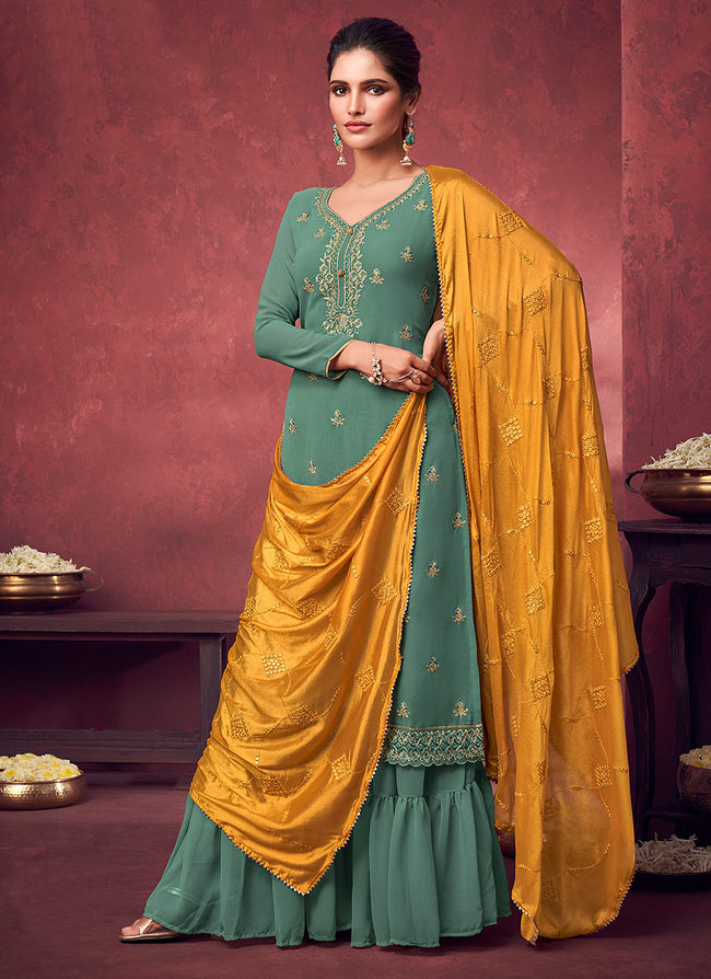 Green And Yellow Embroidered Georgette Gharara Suit