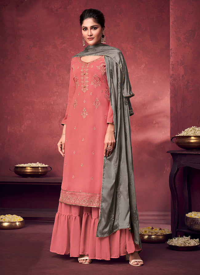 Peach And Grey Embroidered Georgette Gharara Suit