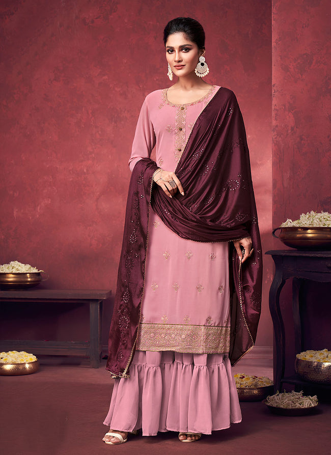 Soft Pink And Maroon Embroidered Georgette Gharara Suit