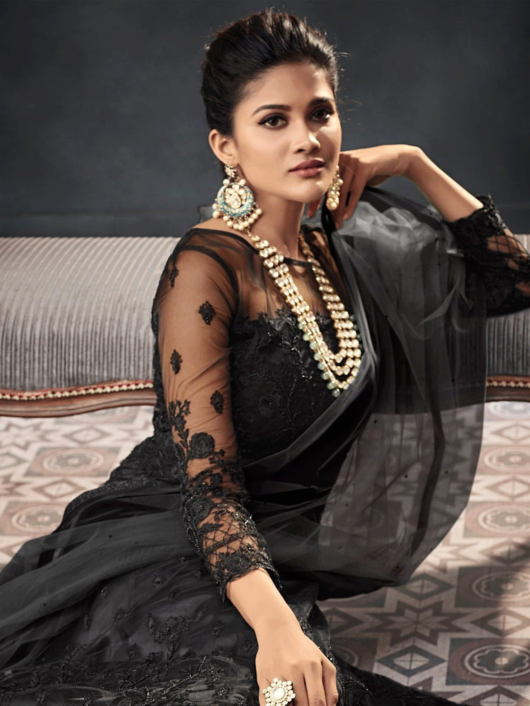 Black Party Wear Net Anarkali Suit