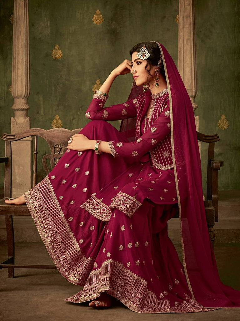 Dark Pink Golden Koti Style Georgette Gharara Suit