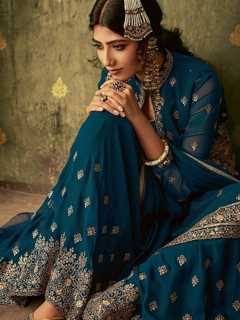 Turquoise Golden Koti Style Georgette Gharara Suit