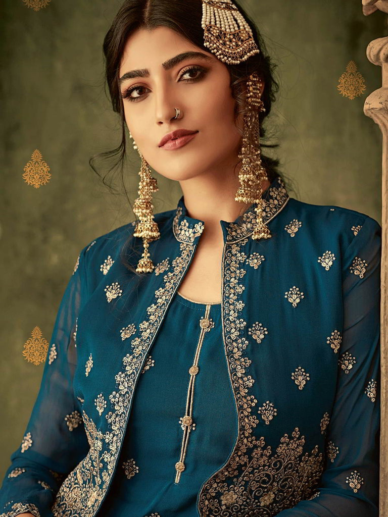 Turquoise Golden Koti Style Georgette Gharara Suit