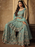 Light Blue Multi Designer Anarkali Gharara Suit