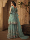Light Blue Multi Designer Anarkali Gharara Suit