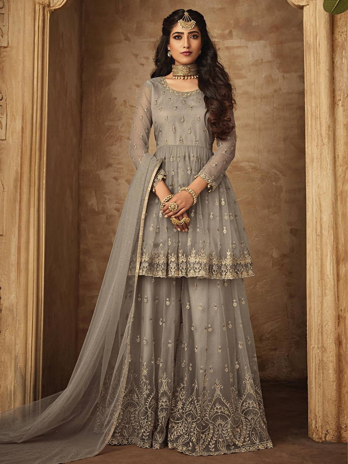 Grey Golden Designer Anarkali Gharara Suit