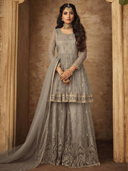 Grey Golden Designer Anarkali Gharara Suit
