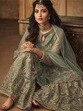 Pale Green Golden Designer Anarkali Gharara Suit