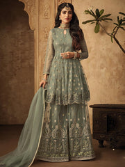 Pale Green Golden Designer Anarkali Gharara Suit