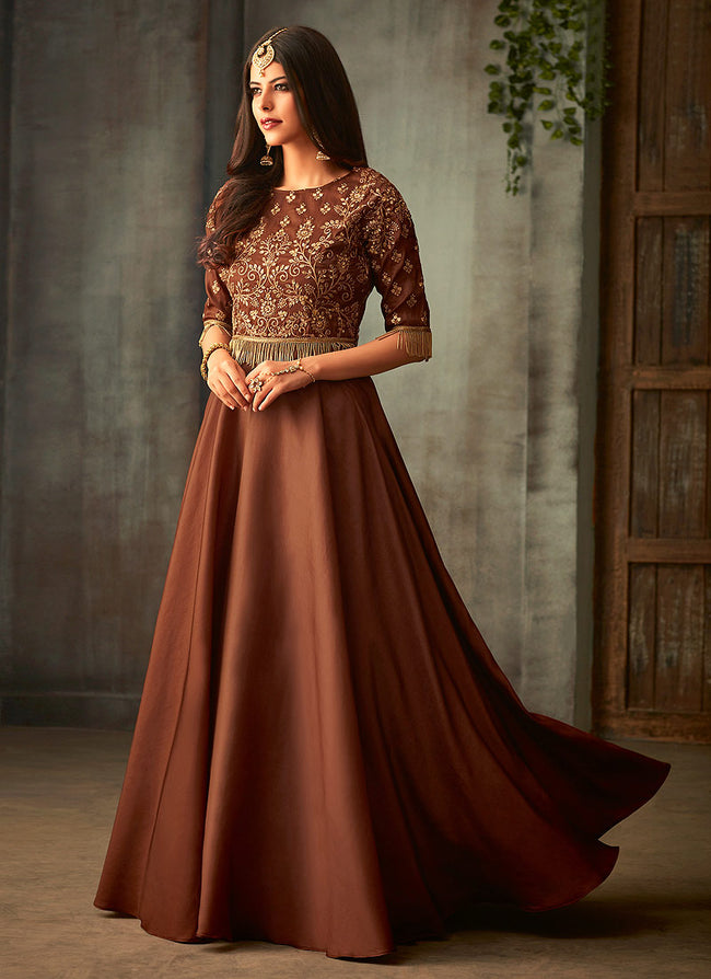 Buy Peanut-Brown Colour Georgette Gowns at Amazon.in