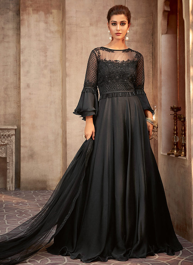 Impressive Black Gown ,indian Designer Party Gown , Blooming Georgette With  Rich Embroidered Work Gown, Bridesmaids, Gown for Women - Etsy Ireland