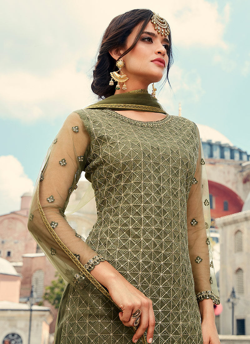 Olive Green Embroidered Designer Gharara Suit, Salwar Kameez