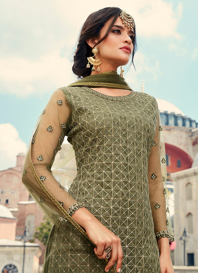 Olive Green Embroidered Designer Gharara Suit, Salwar Kameez