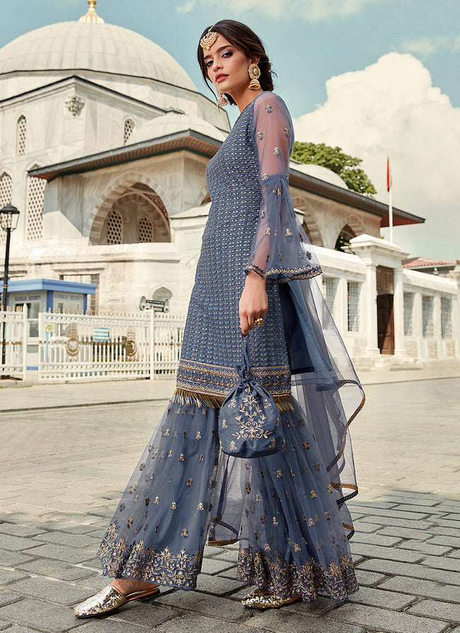 Blue Ethnic Embroidered Designer Gharara Suit