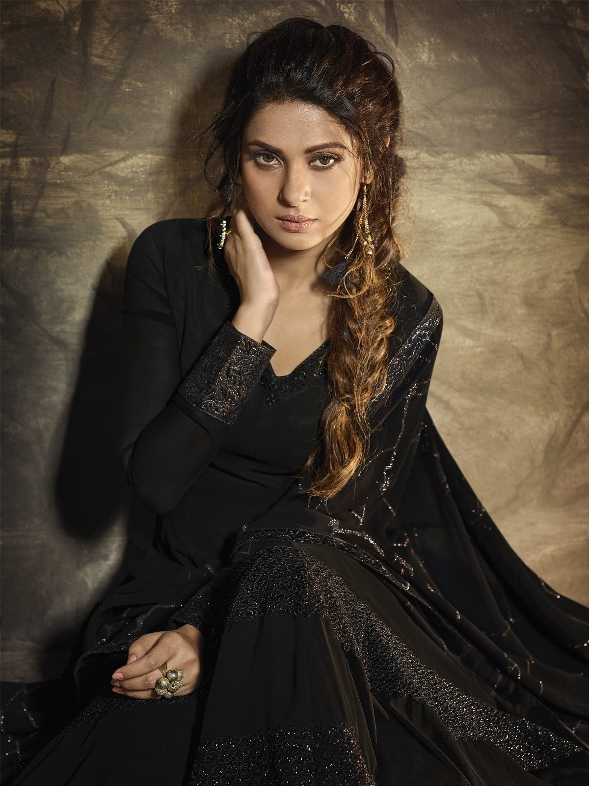 Black Golden Detail Anarkali Gown