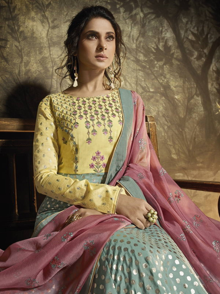 Teal Blue And Pink Embroidered Silk Anarkali Gown