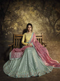 Teal Blue And Pink Embroidered Silk Anarkali Gown