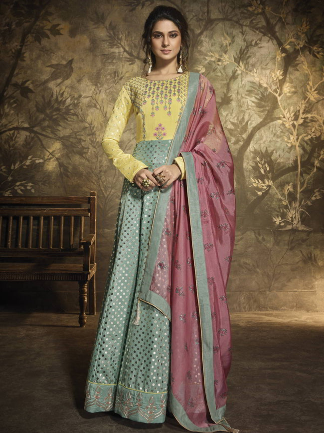 Teal Blue And Pink Embroidered Silk Anarkali Gown