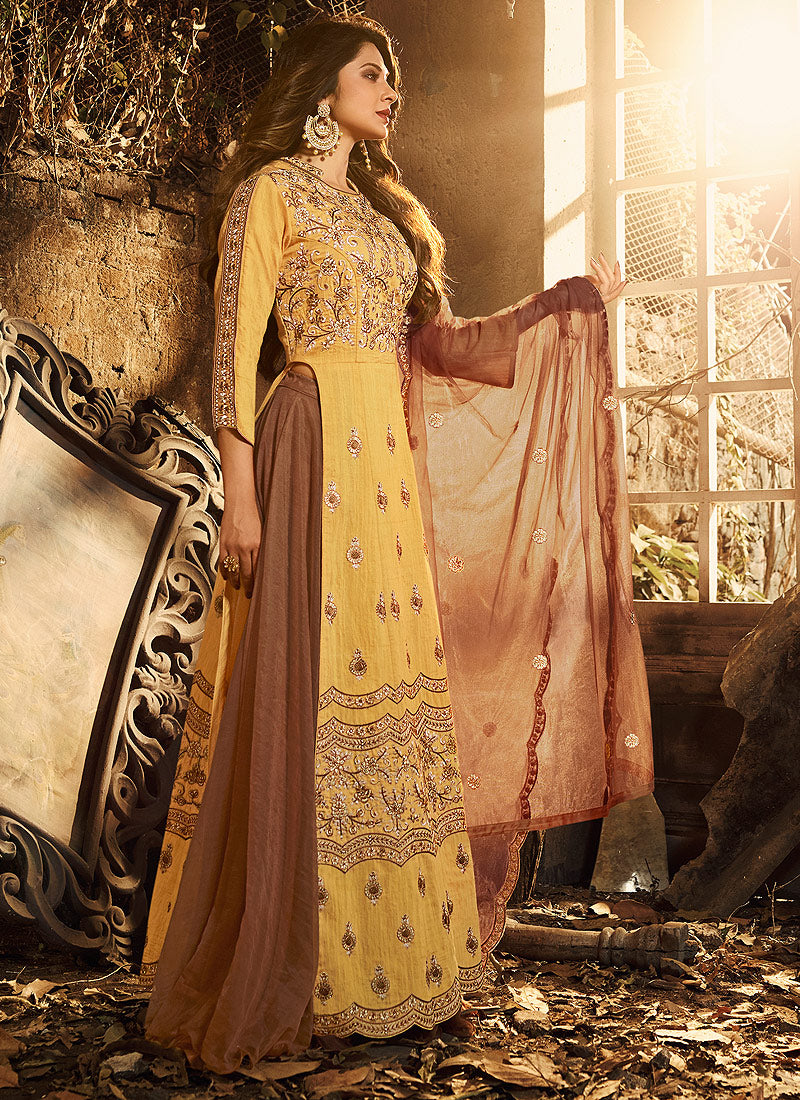 Yellow And Brown Silk Anarkali Lehenga Suit