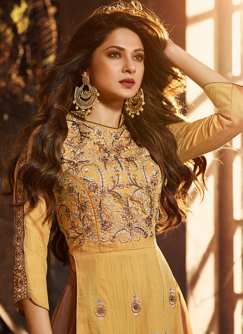 Yellow And Brown Silk Anarkali Lehenga Suit