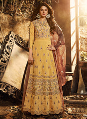 Yellow And Brown Silk Anarkali Lehenga Suit