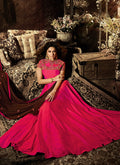 Hot Pink Golden Embroidered Silk Anarkali Suit
