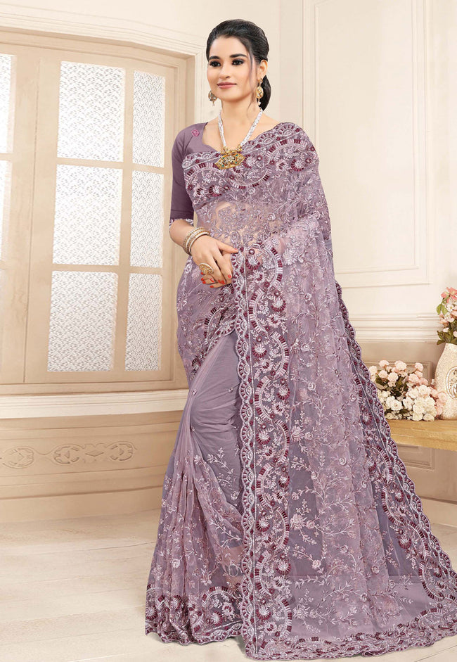 Light Purple Embroidered Party Wear Saree