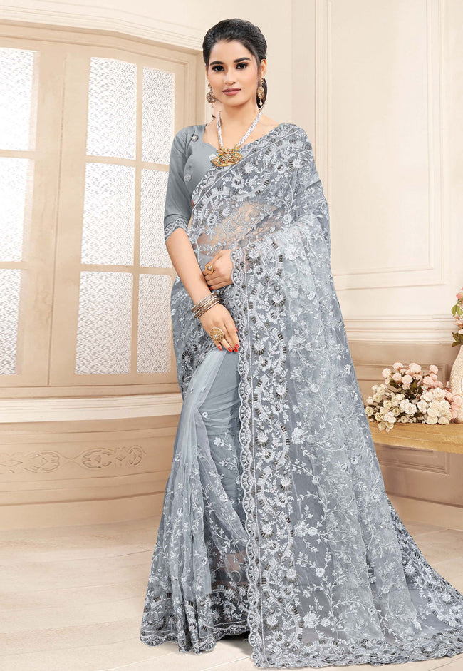 Soft Grey Embroidered Party Wear Saree