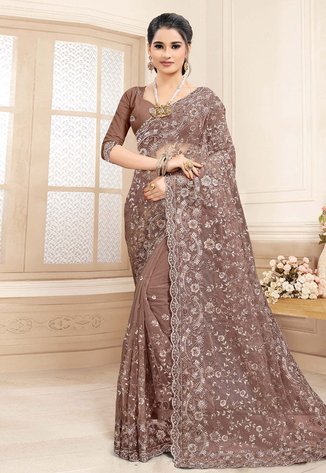 Light Brown Embroidered Party Wear Saree