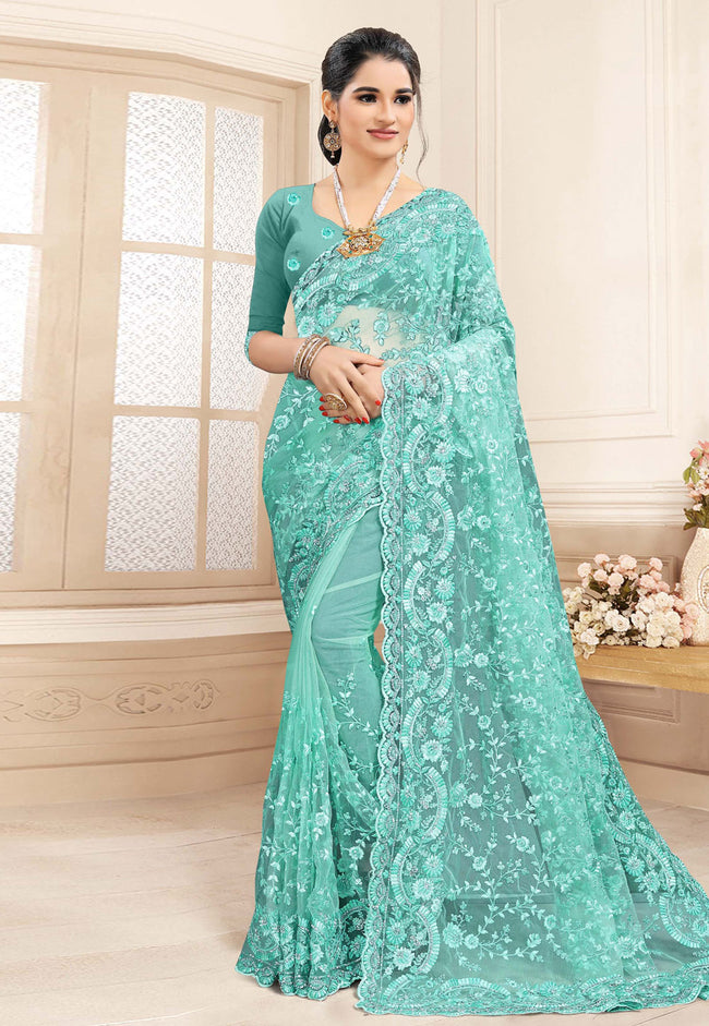 Sea Blue Embroidered Party Wear Saree