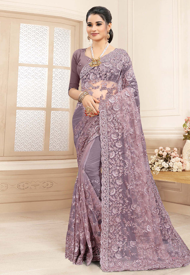 Purple Embroidered Party Wear Saree