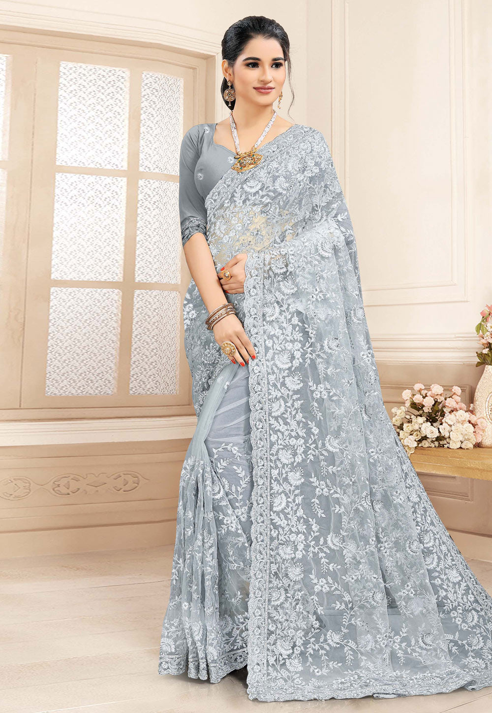 Buy Ice Blue Embroidered Party Wear Saree In USA, UK, Canada, Australia,  Newzeland online