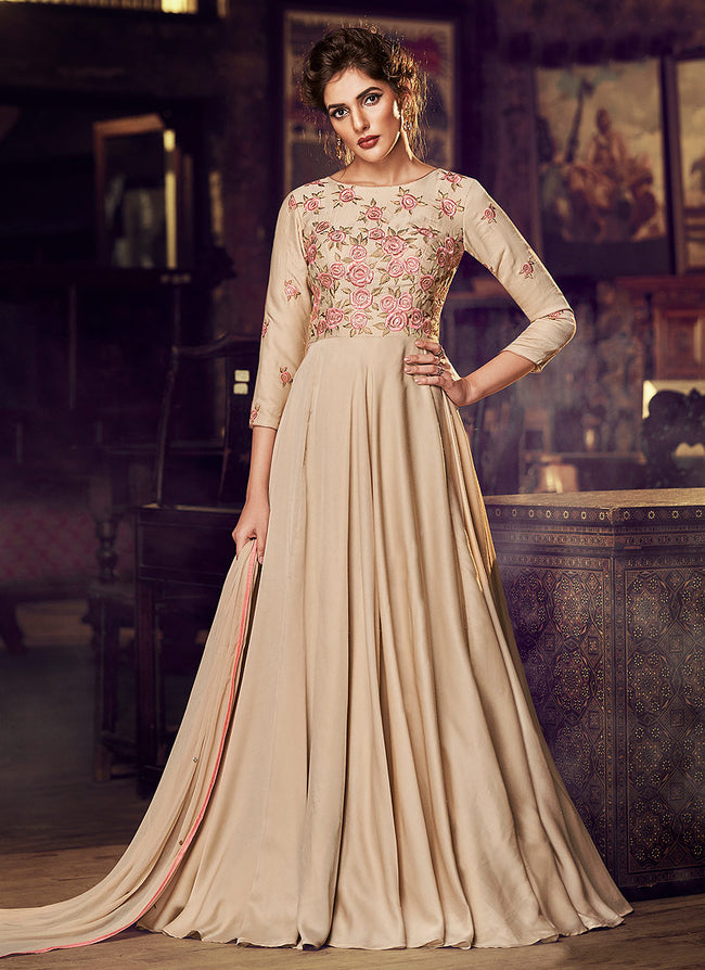 Buy Ivory Georgette Draped Bodice Bead Embroidered Designer Gown at Aza  Fashions | Ivory gown, Designer gowns, Ladies gown