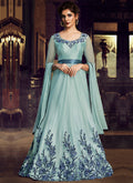 Indian Clothes - Sky Blue Minimalist Embroidered Designer Gown