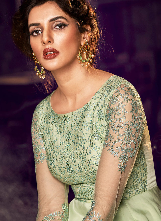 Light Green Minimalist Embroidered Designer Gown, Salwar Kameez
