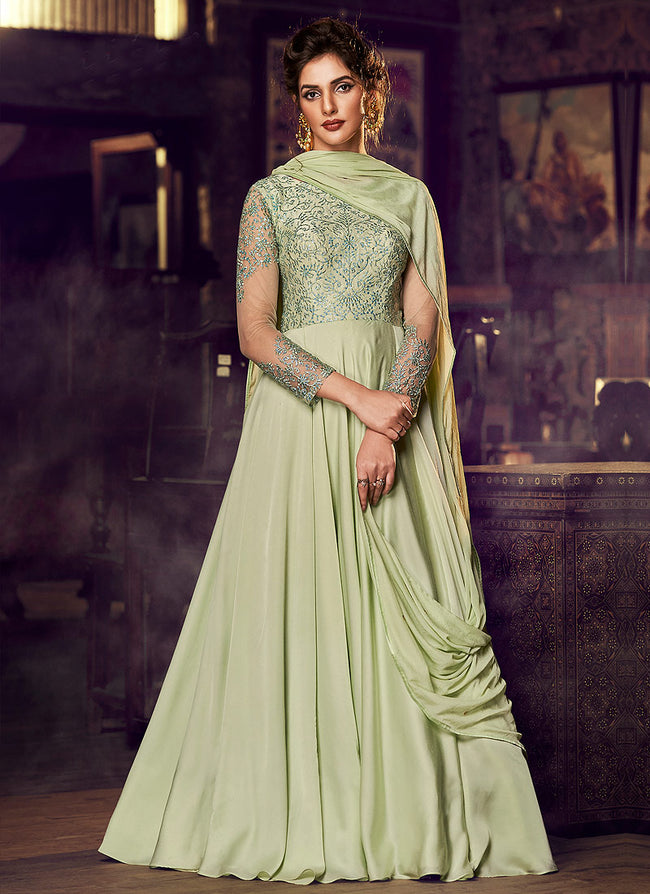 Indian Clothes - Light Green Minimalist Embroidered Designer Gown