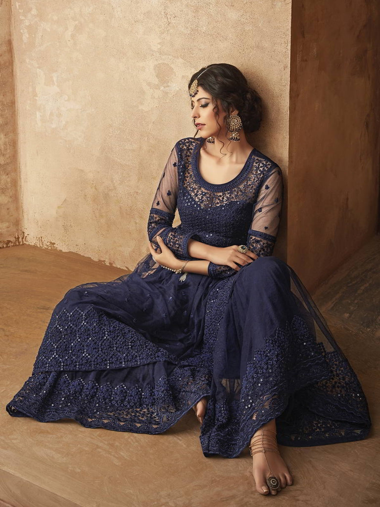 Navy Blue Party Wear Palazzo Suit Online